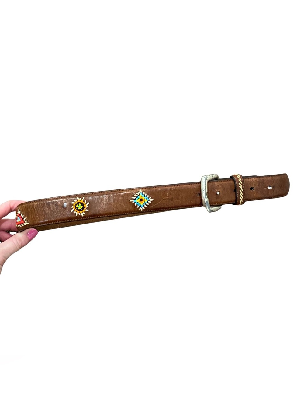 Fossil Genuine Leather Belt Women Small Boho Bohemian Metal Buckle Bead Woven